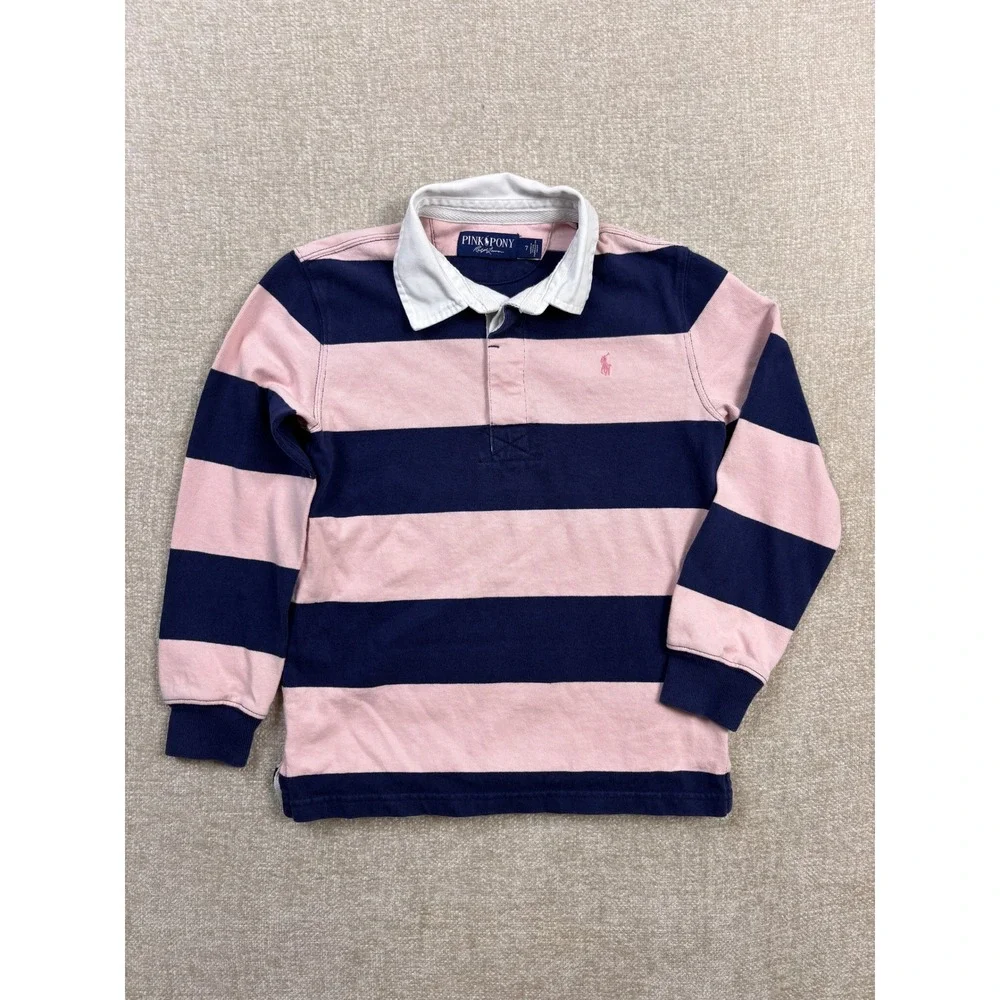 Polo Ralph Lauren Pink Pony Kid Rugby Shirt Navy Pink Striped Long Sleeve Size 7